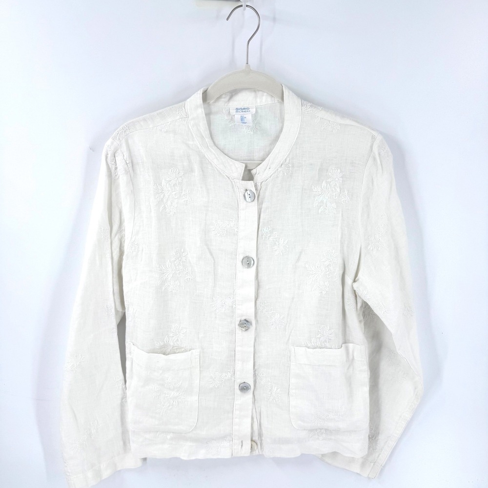 Sigrid Olsen 100% Linen Lightweight Jacket White Large Embroidered Coastal Boho